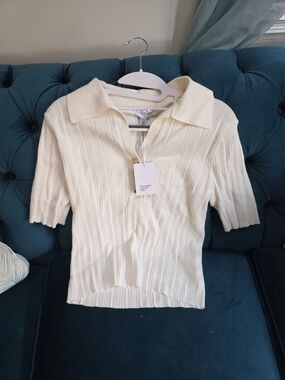 Lucy Paris Cream Ribbed Polo Crop Top with Short Sleeves